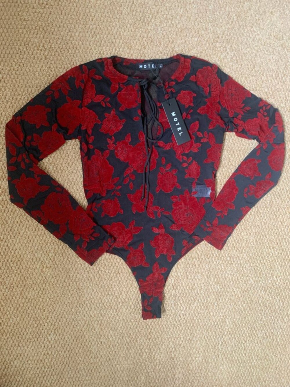 Motel Rocks Red Rose Flocked Mesh Bodysuit Size S NWT - Picture 3 of 7